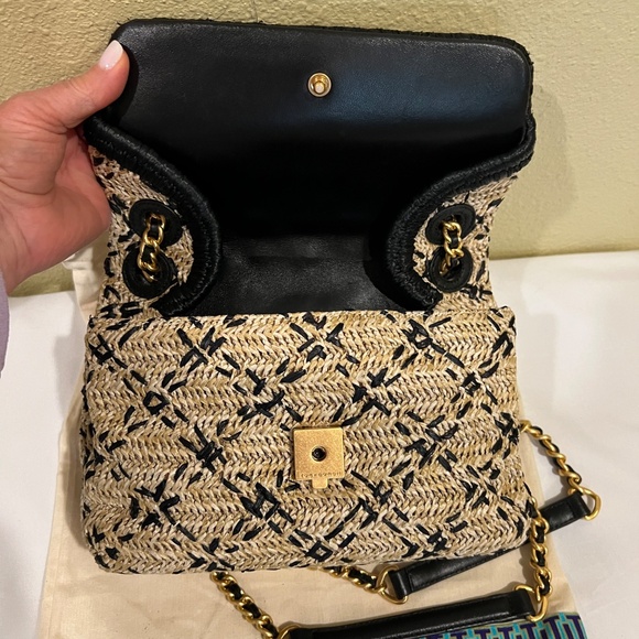 Tory Burch Fleming Soft Straw Raffia Leather Clutch Bag Natural Black Gold EUC - Picture 6 of 16